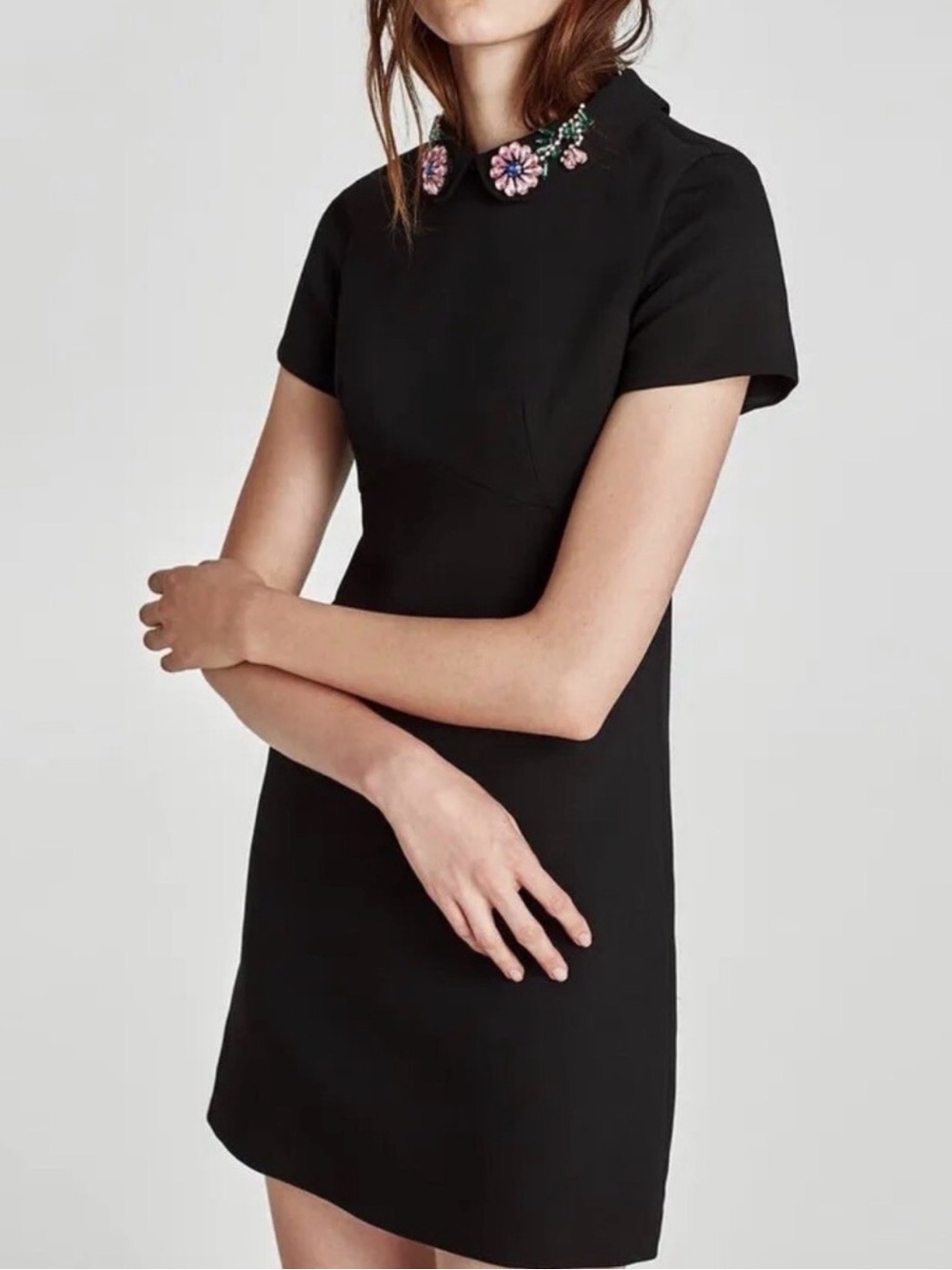 Zara Black Mini Dress with Removable Embroidered Floral Collar